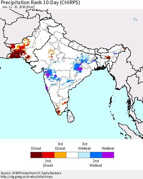 Southern Asia Precipitation Rank 10-Day (CHIRPS) Thematic Map For 6/11/2020 - 6/20/2020