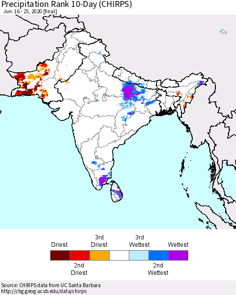 Southern Asia Precipitation Rank 10-Day (CHIRPS) Thematic Map For 6/16/2020 - 6/25/2020