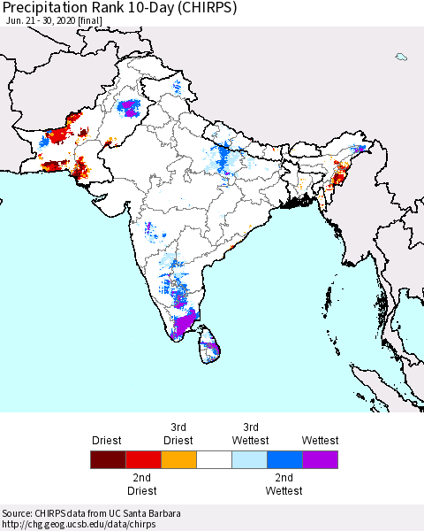 Southern Asia Precipitation Rank 10-Day (CHIRPS) Thematic Map For 6/21/2020 - 6/30/2020