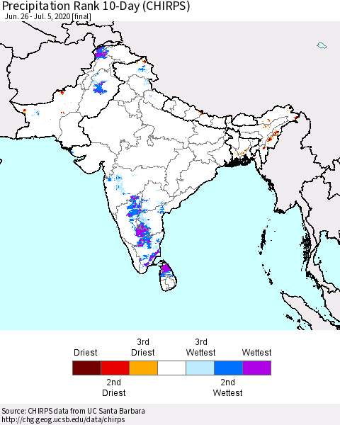 Southern Asia Precipitation Rank 10-Day (CHIRPS) Thematic Map For 6/26/2020 - 7/5/2020
