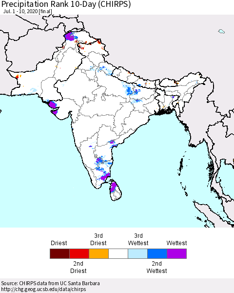 Southern Asia Precipitation Rank 10-Day (CHIRPS) Thematic Map For 7/1/2020 - 7/10/2020