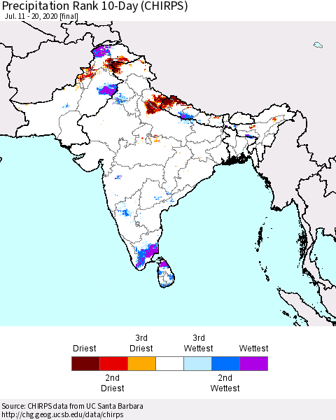 Southern Asia Precipitation Rank 10-Day (CHIRPS) Thematic Map For 7/11/2020 - 7/20/2020