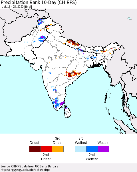 Southern Asia Precipitation Rank since 1981, 10-Day (CHIRPS) Thematic Map For 7/16/2020 - 7/25/2020