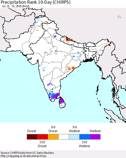 Southern Asia Precipitation Rank 10-Day (CHIRPS) Thematic Map For 7/21/2020 - 7/31/2020