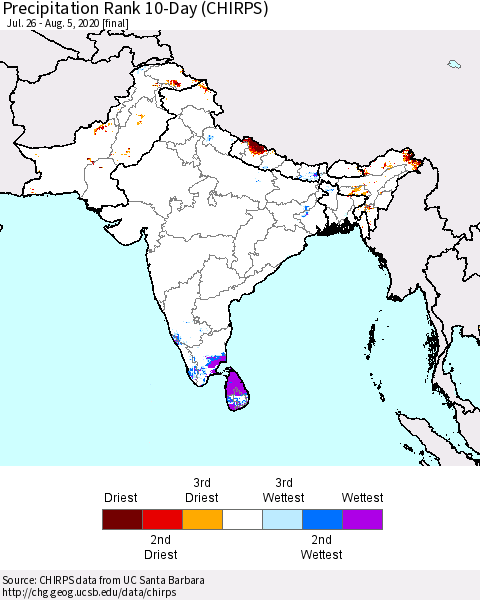 Southern Asia Precipitation Rank 10-Day (CHIRPS) Thematic Map For 7/26/2020 - 8/5/2020