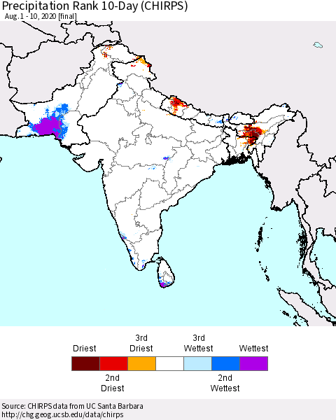 Southern Asia Precipitation Rank 10-Day (CHIRPS) Thematic Map For 8/1/2020 - 8/10/2020