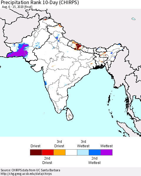 Southern Asia Precipitation Rank since 1981, 10-Day (CHIRPS) Thematic Map For 8/6/2020 - 8/15/2020