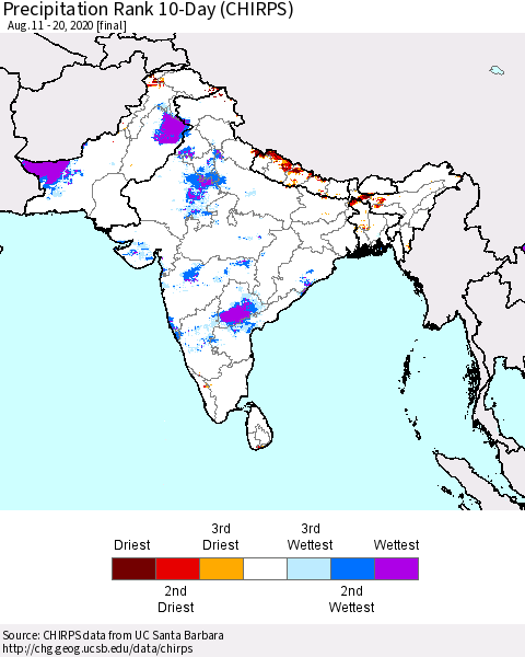 Southern Asia Precipitation Rank 10-Day (CHIRPS) Thematic Map For 8/11/2020 - 8/20/2020