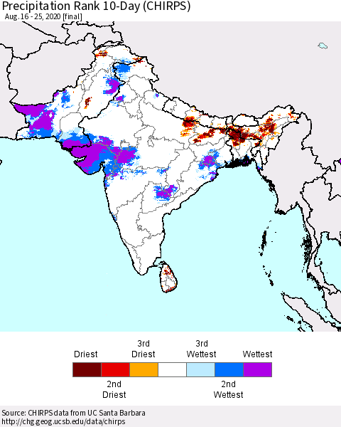 Southern Asia Precipitation Rank 10-Day (CHIRPS) Thematic Map For 8/16/2020 - 8/25/2020