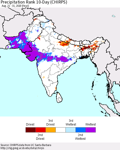 Southern Asia Precipitation Rank 10-Day (CHIRPS) Thematic Map For 8/21/2020 - 8/31/2020
