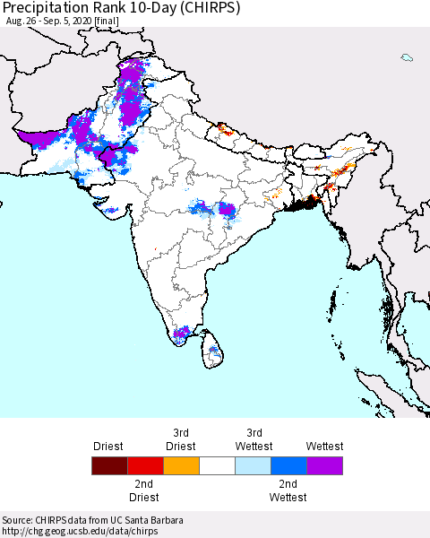 Southern Asia Precipitation Rank 10-Day (CHIRPS) Thematic Map For 8/26/2020 - 9/5/2020