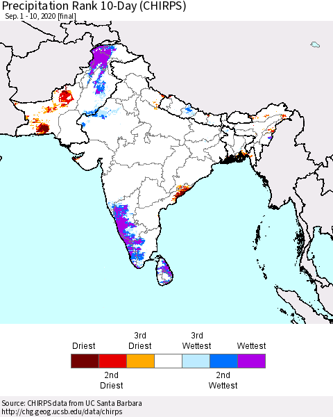 Southern Asia Precipitation Rank 10-Day (CHIRPS) Thematic Map For 9/1/2020 - 9/10/2020