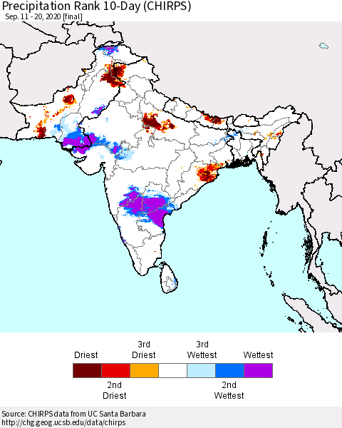 Southern Asia Precipitation Rank since 1981, 10-Day (CHIRPS) Thematic Map For 9/11/2020 - 9/20/2020