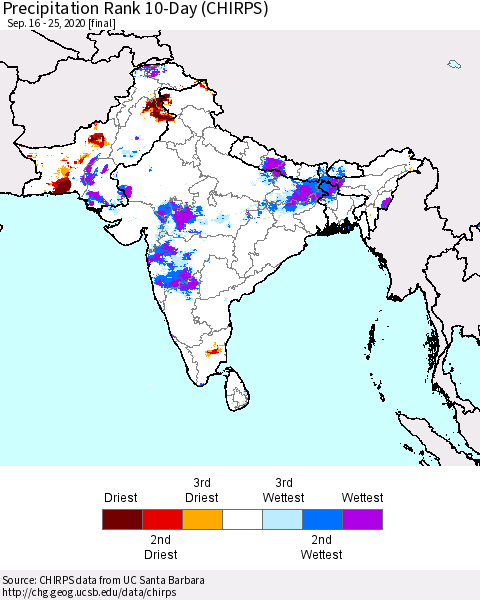 Southern Asia Precipitation Rank 10-Day (CHIRPS) Thematic Map For 9/16/2020 - 9/25/2020