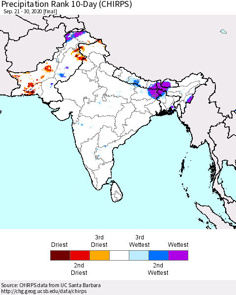 Southern Asia Precipitation Rank 10-Day (CHIRPS) Thematic Map For 9/21/2020 - 9/30/2020