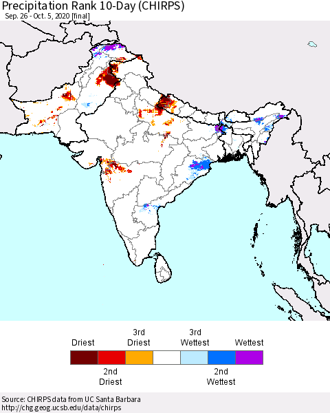 Southern Asia Precipitation Rank 10-Day (CHIRPS) Thematic Map For 9/26/2020 - 10/5/2020