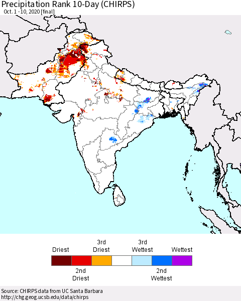 Southern Asia Precipitation Rank 10-Day (CHIRPS) Thematic Map For 10/1/2020 - 10/10/2020