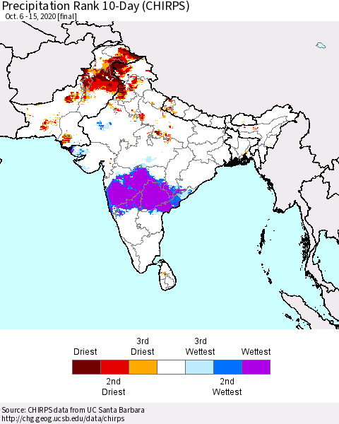 Southern Asia Precipitation Rank since 1981, 10-Day (CHIRPS) Thematic Map For 10/6/2020 - 10/15/2020