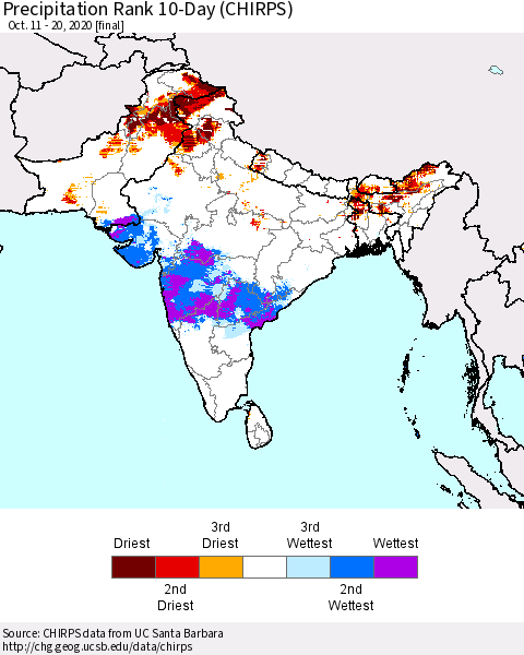 Southern Asia Precipitation Rank 10-Day (CHIRPS) Thematic Map For 10/11/2020 - 10/20/2020