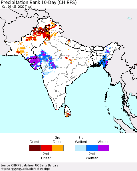 Southern Asia Precipitation Rank 10-Day (CHIRPS) Thematic Map For 10/16/2020 - 10/25/2020