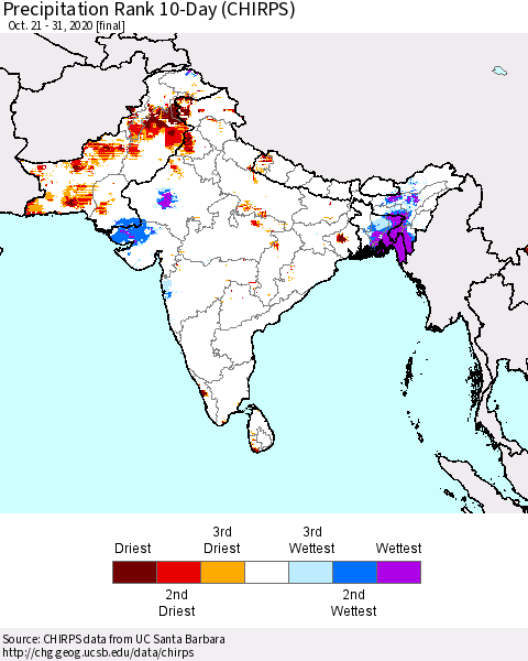 Southern Asia Precipitation Rank since 1981, 10-Day (CHIRPS) Thematic Map For 10/21/2020 - 10/31/2020
