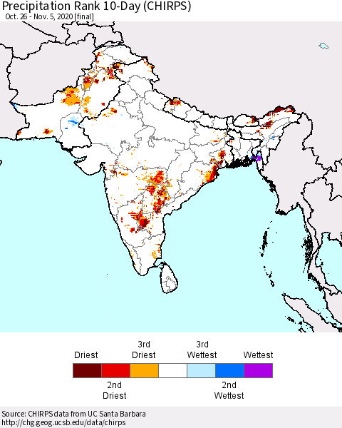 Southern Asia Precipitation Rank since 1981, 10-Day (CHIRPS) Thematic Map For 10/26/2020 - 11/5/2020