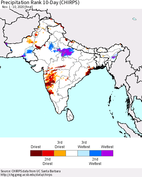 Southern Asia Precipitation Rank 10-Day (CHIRPS) Thematic Map For 11/1/2020 - 11/10/2020
