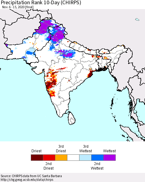 Southern Asia Precipitation Rank 10-Day (CHIRPS) Thematic Map For 11/6/2020 - 11/15/2020