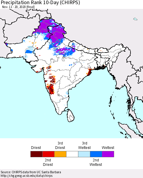 Southern Asia Precipitation Rank since 1981, 10-Day (CHIRPS) Thematic Map For 11/11/2020 - 11/20/2020