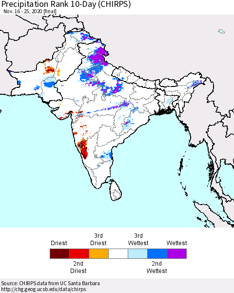 Southern Asia Precipitation Rank 10-Day (CHIRPS) Thematic Map For 11/16/2020 - 11/25/2020