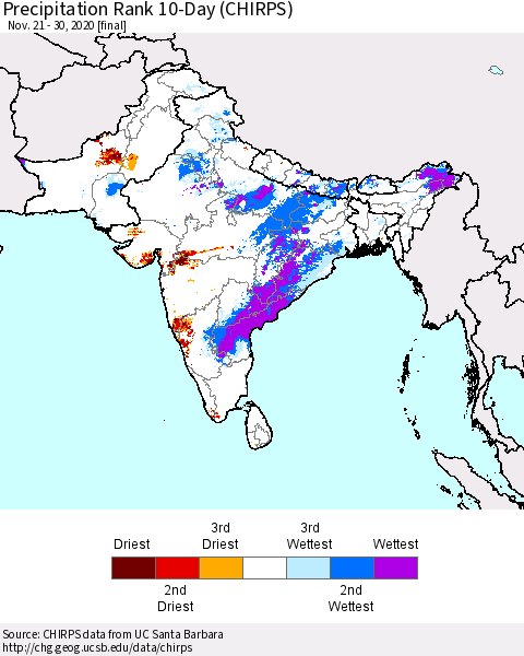 Southern Asia Precipitation Rank 10-Day (CHIRPS) Thematic Map For 11/21/2020 - 11/30/2020