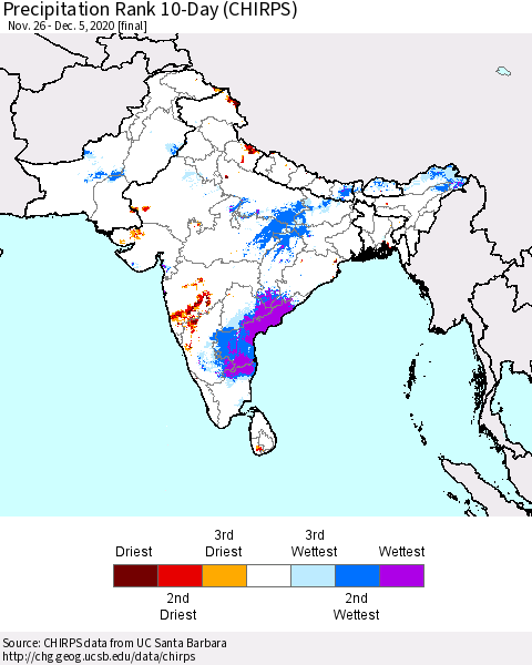 Southern Asia Precipitation Rank since 1981, 10-Day (CHIRPS) Thematic Map For 11/26/2020 - 12/5/2020
