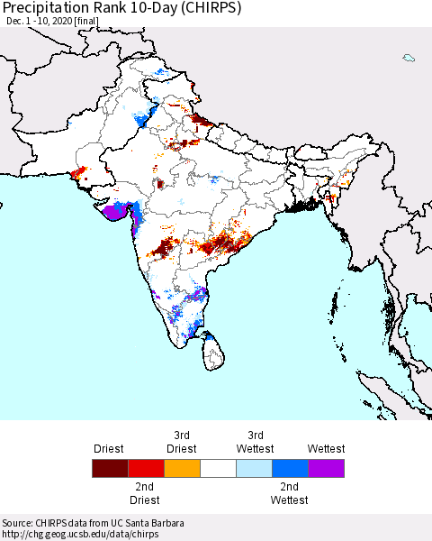 Southern Asia Precipitation Rank 10-Day (CHIRPS) Thematic Map For 12/1/2020 - 12/10/2020