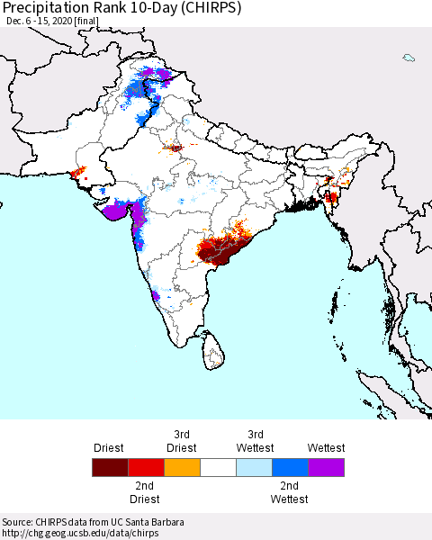 Southern Asia Precipitation Rank since 1981, 10-Day (CHIRPS) Thematic Map For 12/6/2020 - 12/15/2020