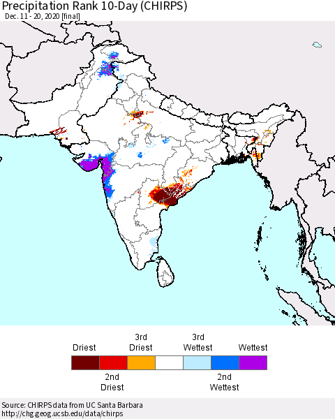 Southern Asia Precipitation Rank since 1981, 10-Day (CHIRPS) Thematic Map For 12/11/2020 - 12/20/2020