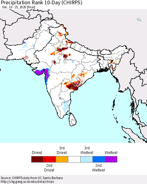Southern Asia Precipitation Rank 10-Day (CHIRPS) Thematic Map For 12/16/2020 - 12/25/2020