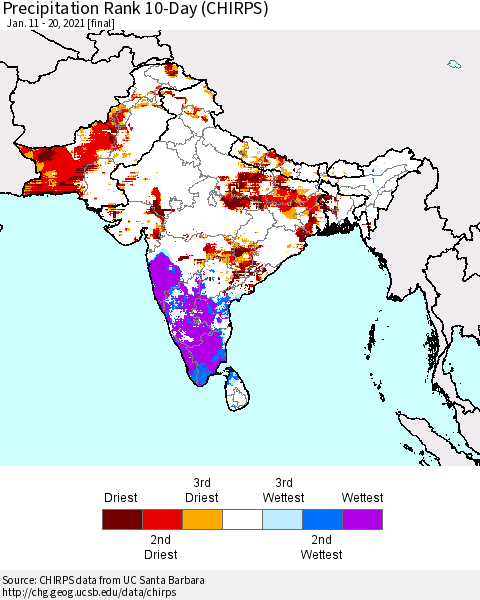Southern Asia Precipitation Rank 10-Day (CHIRPS) Thematic Map For 1/11/2021 - 1/20/2021