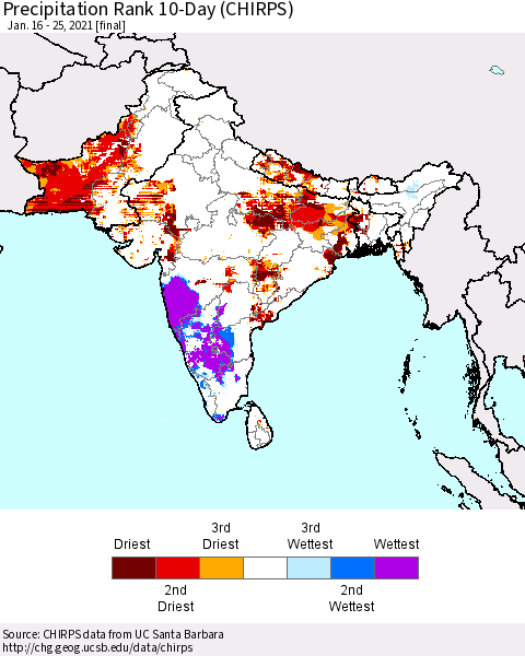 Southern Asia Precipitation Rank 10-Day (CHIRPS) Thematic Map For 1/16/2021 - 1/25/2021