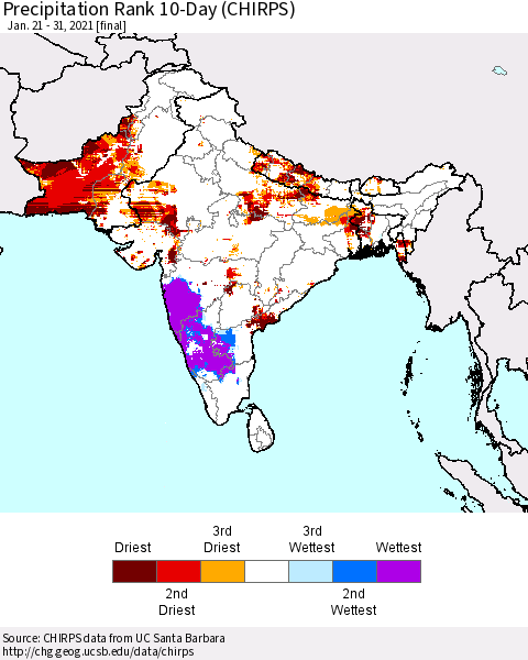 Southern Asia Precipitation Rank 10-Day (CHIRPS) Thematic Map For 1/21/2021 - 1/31/2021