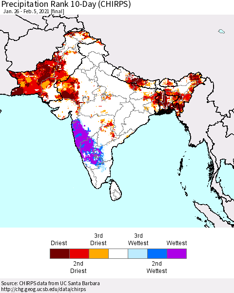 Southern Asia Precipitation Rank 10-Day (CHIRPS) Thematic Map For 1/26/2021 - 2/5/2021