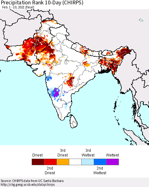 Southern Asia Precipitation Rank since 1981, 10-Day (CHIRPS) Thematic Map For 2/1/2021 - 2/10/2021