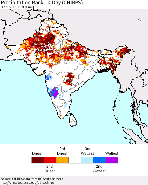 Southern Asia Precipitation Rank 10-Day (CHIRPS) Thematic Map For 2/6/2021 - 2/15/2021