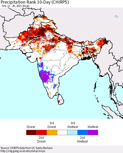 Southern Asia Precipitation Rank since 1981, 10-Day (CHIRPS) Thematic Map For 2/11/2021 - 2/20/2021