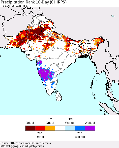 Southern Asia Precipitation Rank 10-Day (CHIRPS) Thematic Map For 2/16/2021 - 2/25/2021