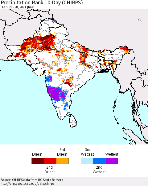 Southern Asia Precipitation Rank since 1981, 10-Day (CHIRPS) Thematic Map For 2/21/2021 - 2/28/2021