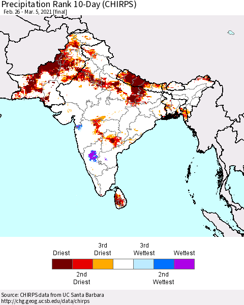 Southern Asia Precipitation Rank since 1981, 10-Day (CHIRPS) Thematic Map For 2/26/2021 - 3/5/2021
