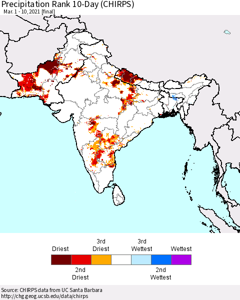 Southern Asia Precipitation Rank 10-Day (CHIRPS) Thematic Map For 3/1/2021 - 3/10/2021