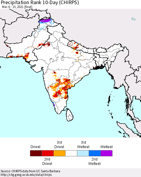 Southern Asia Precipitation Rank 10-Day (CHIRPS) Thematic Map For 3/6/2021 - 3/15/2021