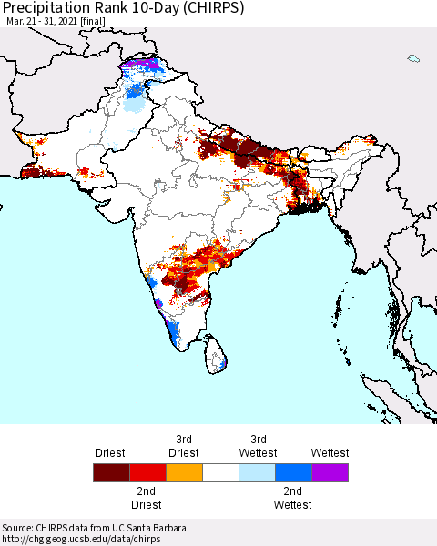 Southern Asia Precipitation Rank 10-Day (CHIRPS) Thematic Map For 3/21/2021 - 3/31/2021