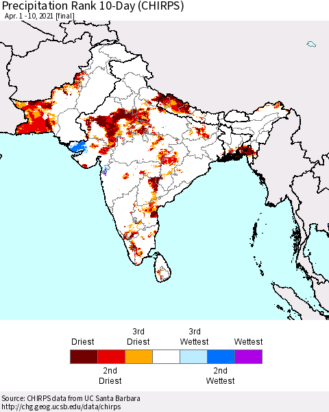 Southern Asia Precipitation Rank 10-Day (CHIRPS) Thematic Map For 4/1/2021 - 4/10/2021